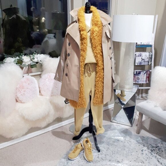 Preloved BCBG belted khaki gold faux leather sleeve trench coat jacket - Picture 2 of 16